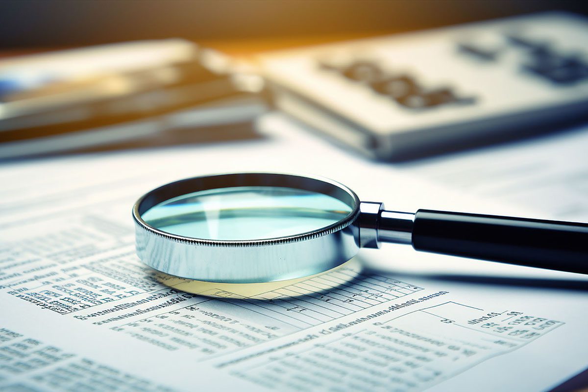A magnifying glass rests on top of printed financial documents, with a calculator and pen in the background.