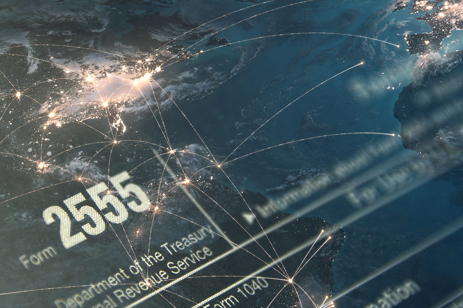 A digital composite image showing a map of the world with glowing connection lines overlaid by text related to IRS Form 2555 and the Department of the Treasury.