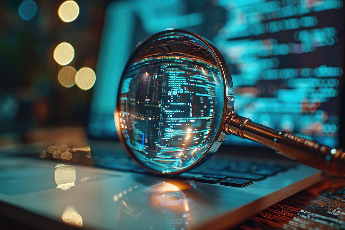 A magnifying glass rests on a laptop keyboard, enlarging lines of code displayed on the laptop screen.