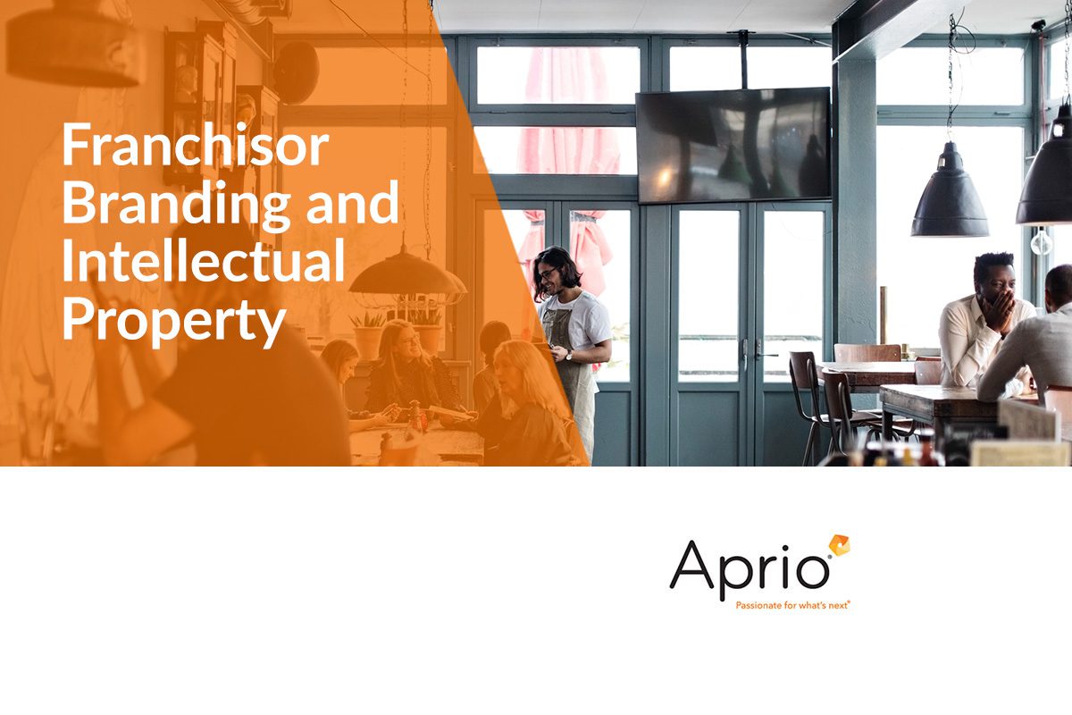 A restaurant scene with people dining and a waiter serving, overlaid with text: Franchisor Branding and Intellectual Property and the Aprio logo.