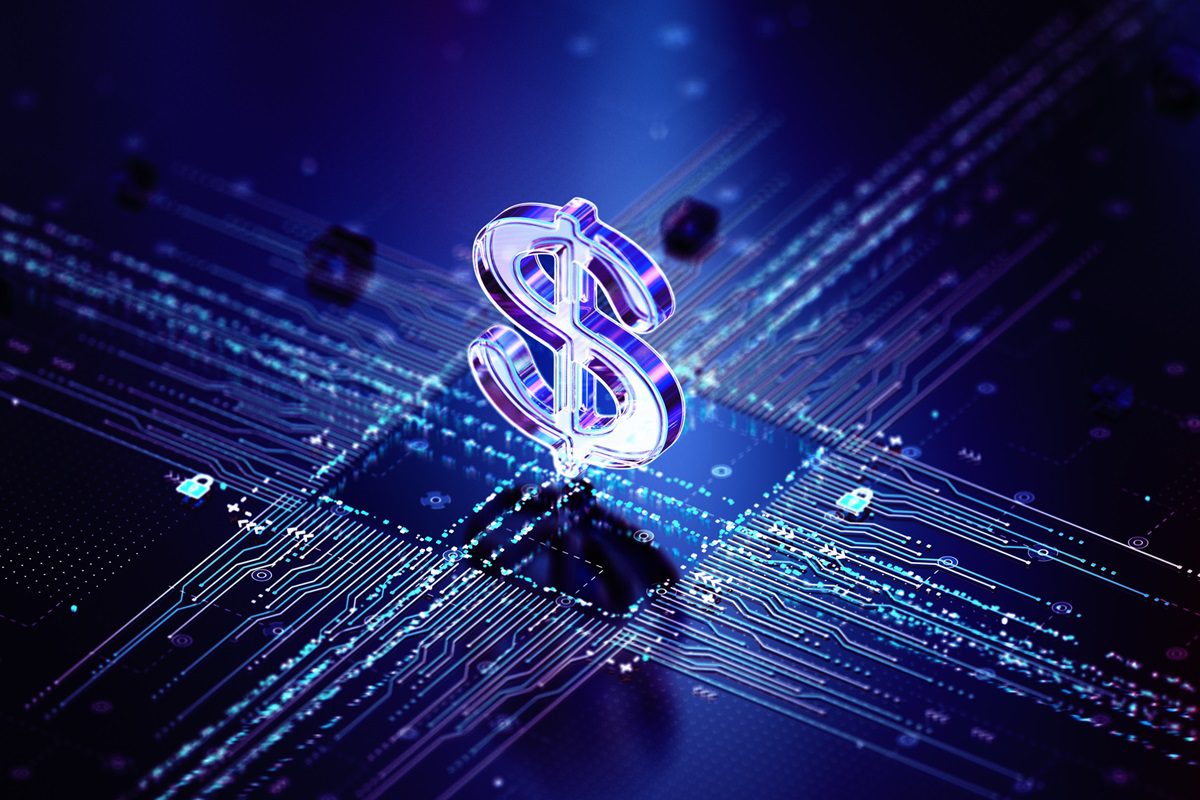 A glowing dollar sign stands on a dark, illuminated circuit board, symbolizing the intersection of digital technology and finance.