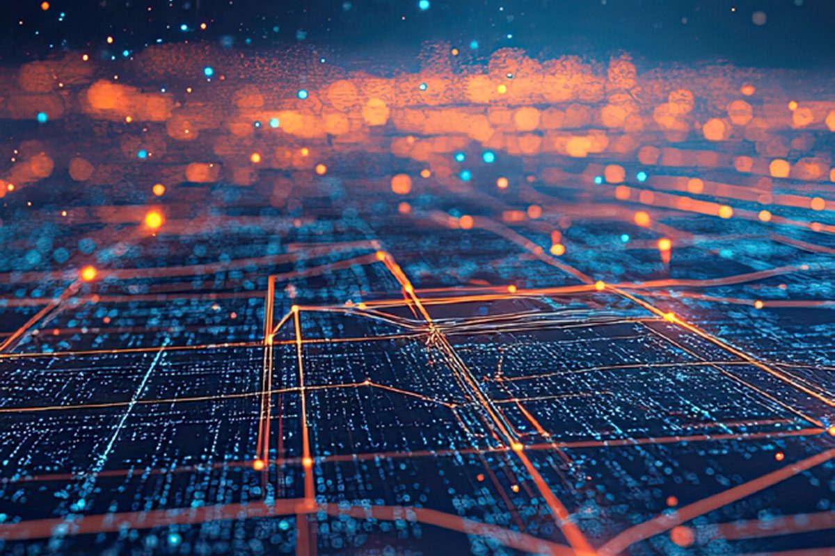 A digital grid with glowing blue dots and orange lines represents data or a network on a dark background.