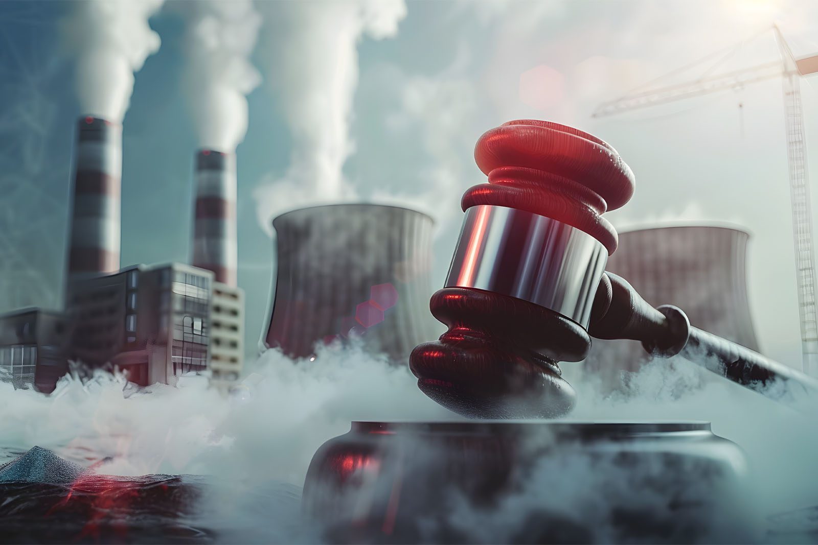 A judge’s gavel rests amid smoke with industrial cooling towers and chimneys emitting fumes in the background, suggesting legal action related to environmental pollution.