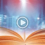 An open book with glowing pages is shown in front of a cityscape background, with a play button overlay at the center.