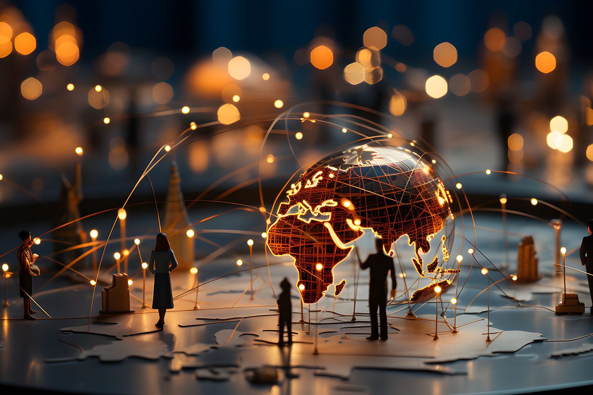 A digital globe displays network connections, with silhouetted figures and illuminated lines representing global communication and technology integration.