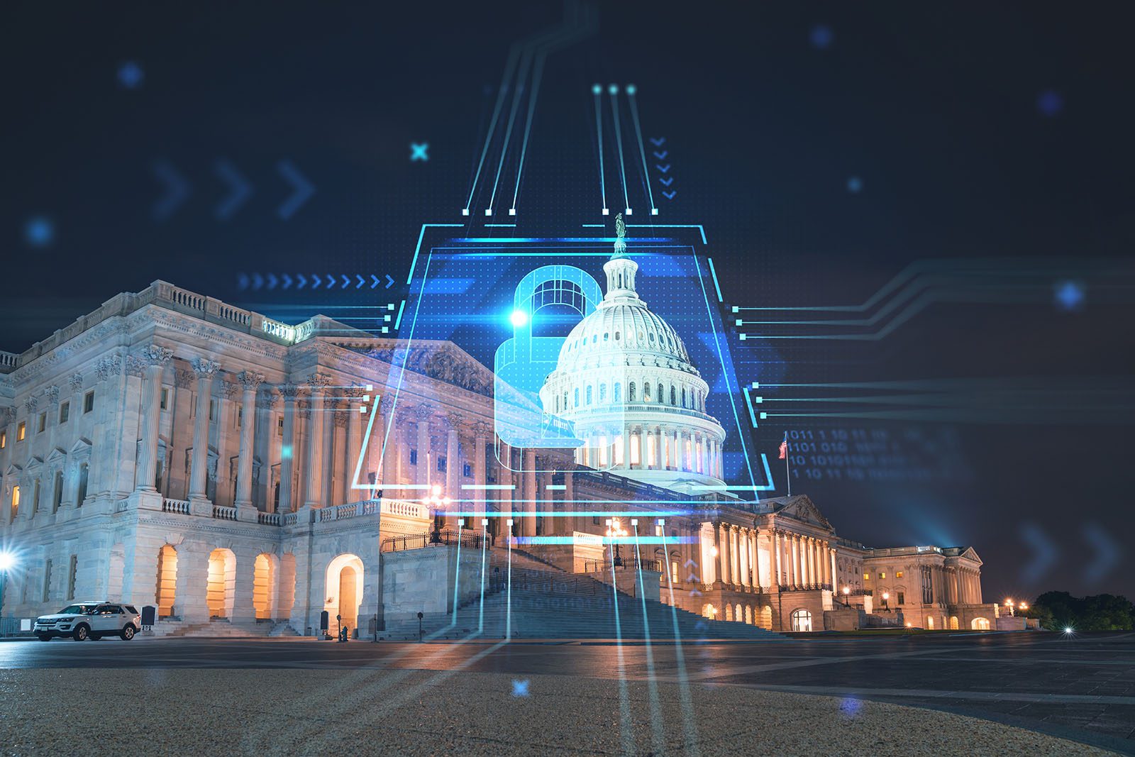 The U.S. Capitol building at night with a digital padlock and circuit lines superimposed, representing cybersecurity or data protection in government.