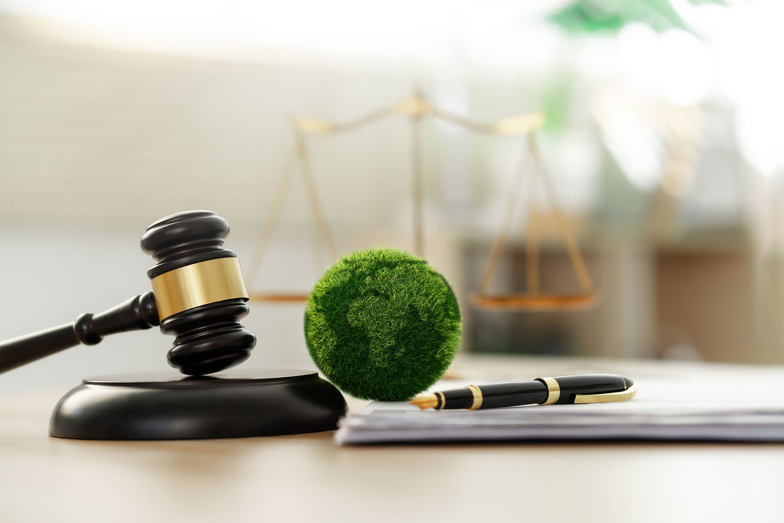A judges gavel, a small globe made of green grass, a pen, and documents sit on a desk with a blurred scale of justice in the background.