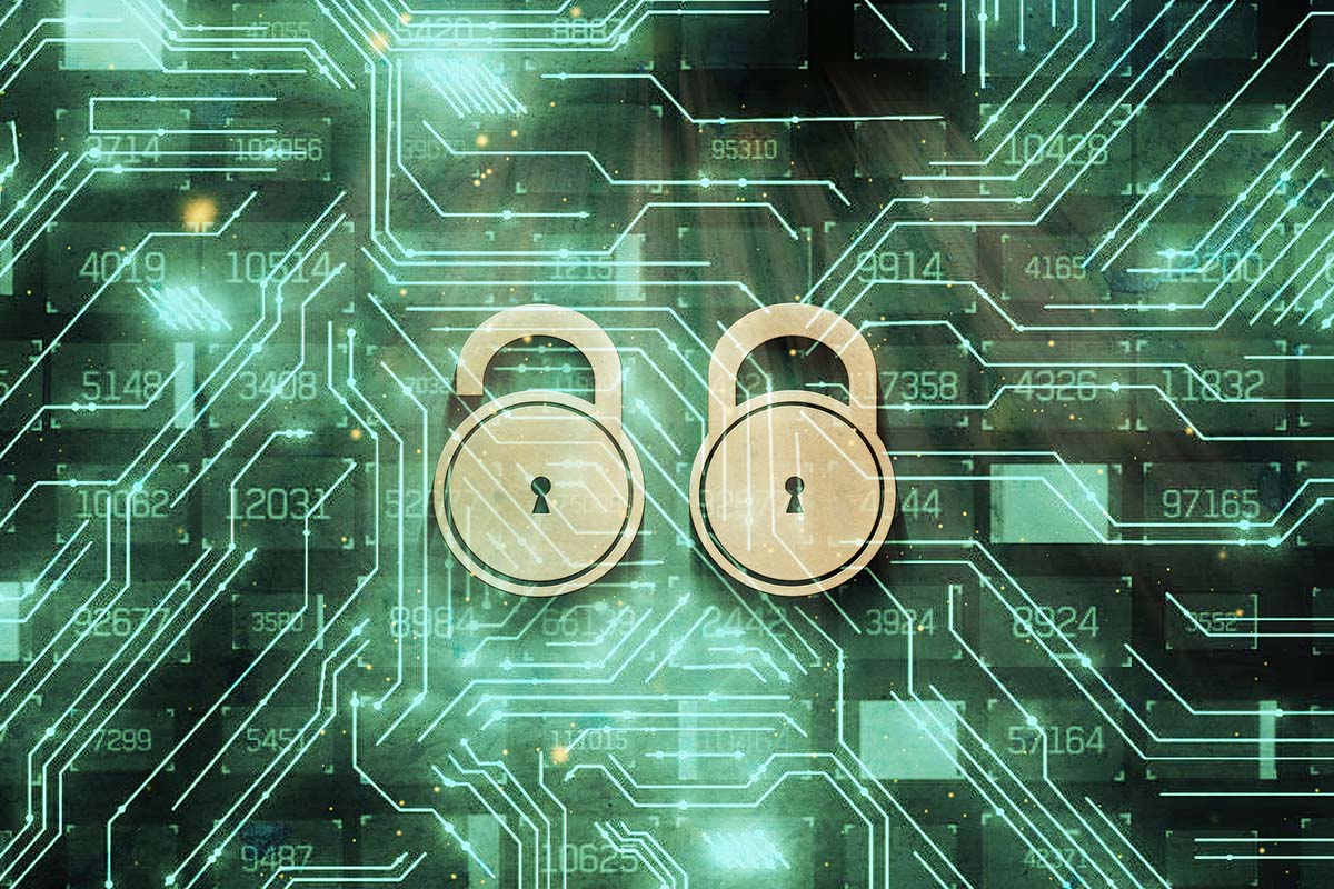Two padlock icons overlaid on a digital circuit board background, symbolizing data security and cybersecurity concepts.