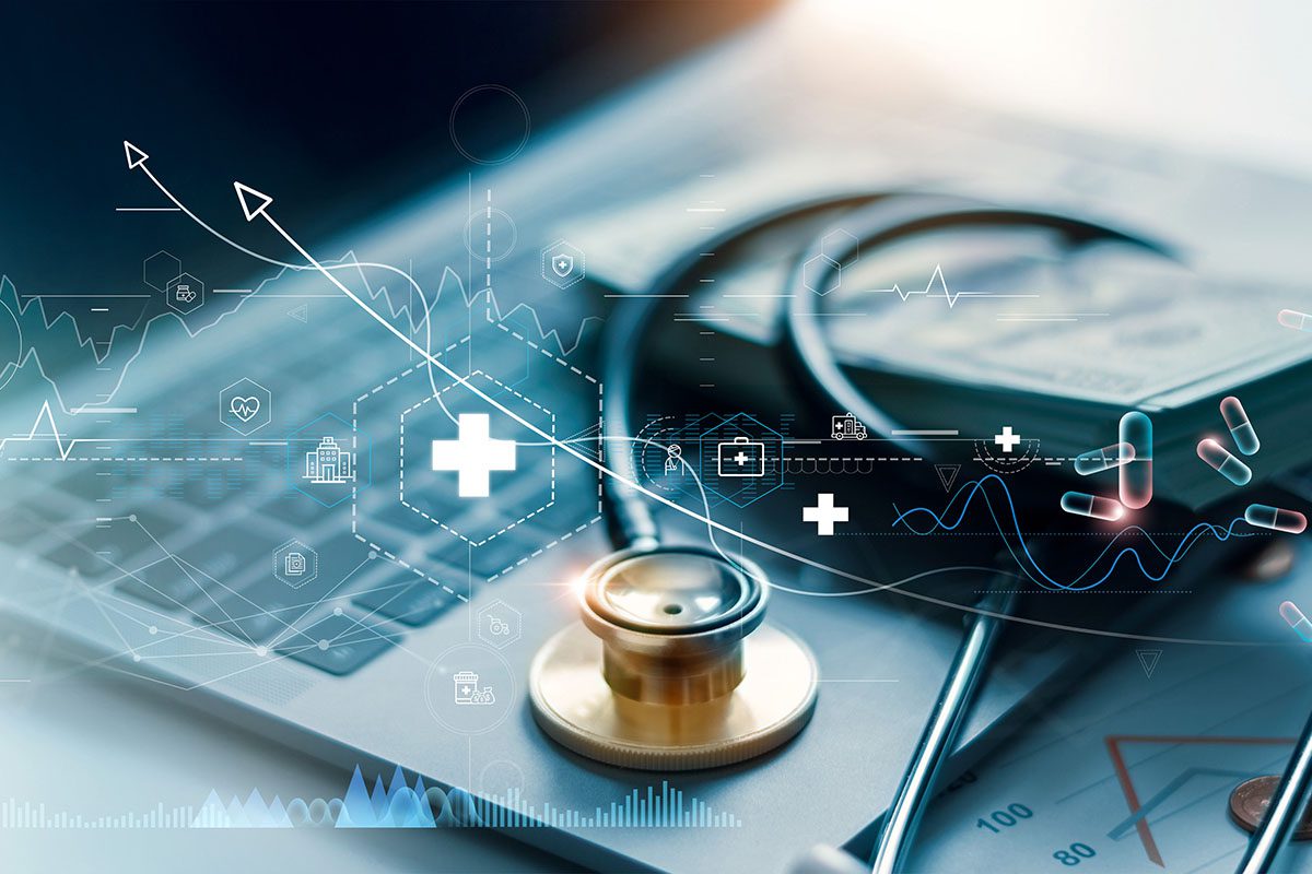 A stethoscope and medical ID card rest on a laptop keyboard, overlaid with digital healthcare and data analysis graphics.