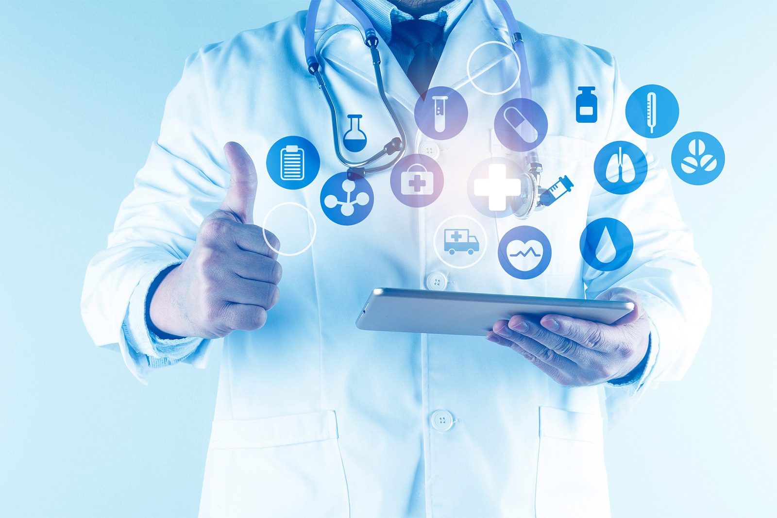 A doctor in a white coat holds a tablet and gives a thumbs-up, with various medical icons digitally overlaid in front of him.