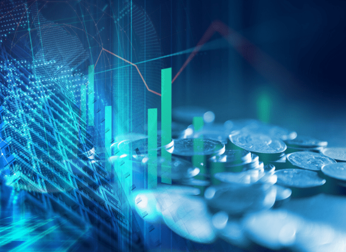 Stacks of coins with overlaid digital bar graphs and data points, conveying a concept of financial growth, investment, or digital economy analysis.