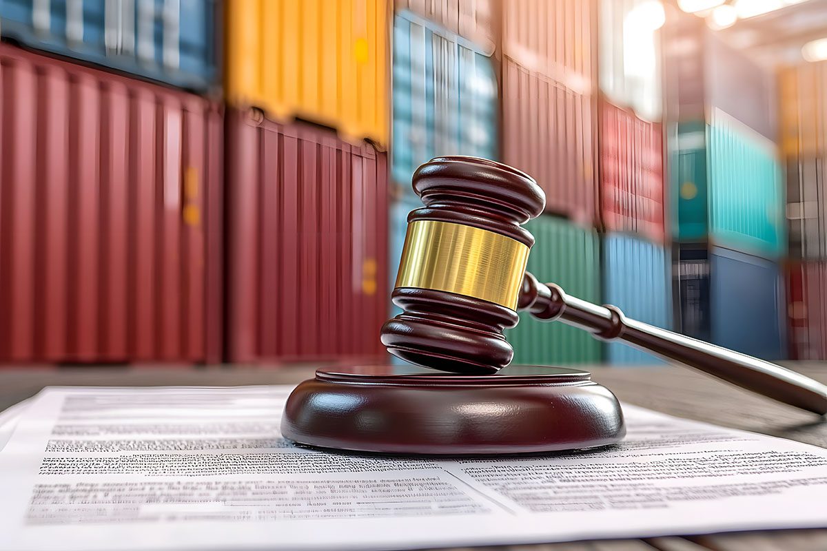 A judges gavel resting on legal documents with stacked shipping containers in the background.