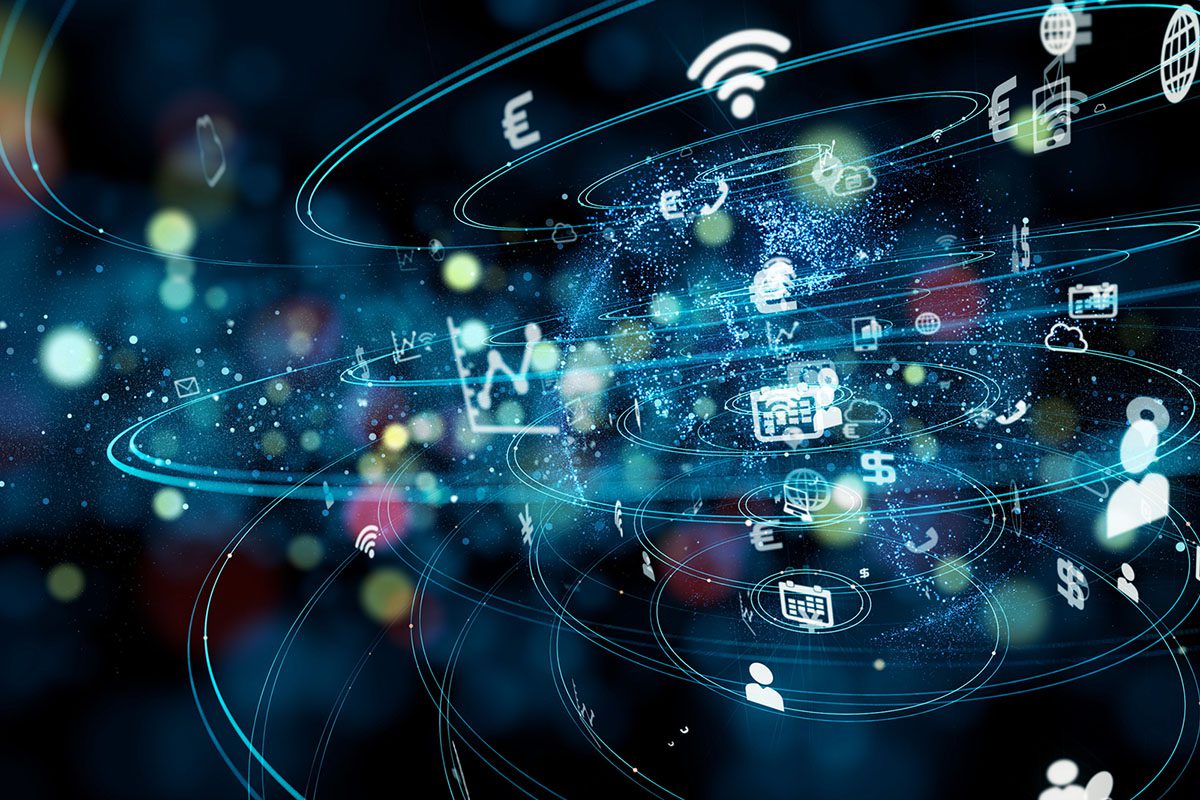 Abstract digital image of data streams and financial, technology, and communication icons interconnected against a dark blue background with light effects and bokeh.
