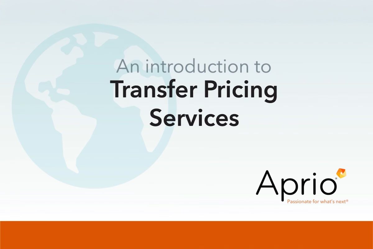 Slide with the text An introduction to Transfer Pricing Services and the Aprio logo on a background with a globe graphic.