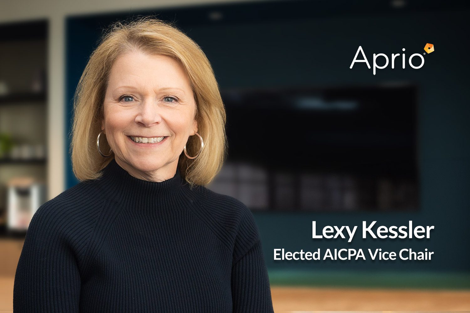 A woman with shoulder-length blonde hair smiles at the camera. Text reads: Aprio. Lexy Kessler, Elected AICPA Vice Chair.