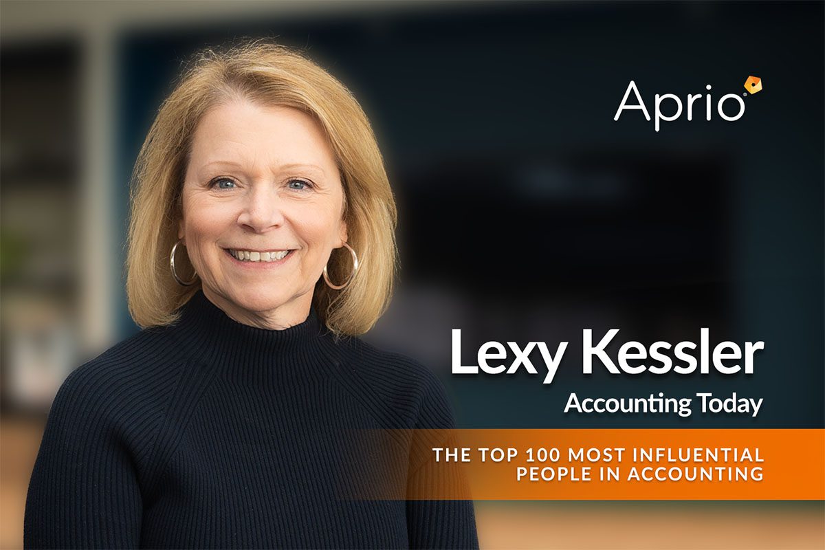 A woman with shoulder-length blonde hair smiles at the camera. Text reads: Lexy Kessler, Accounting Today, The Top 100 Most Influential People in Accounting. Aprio.