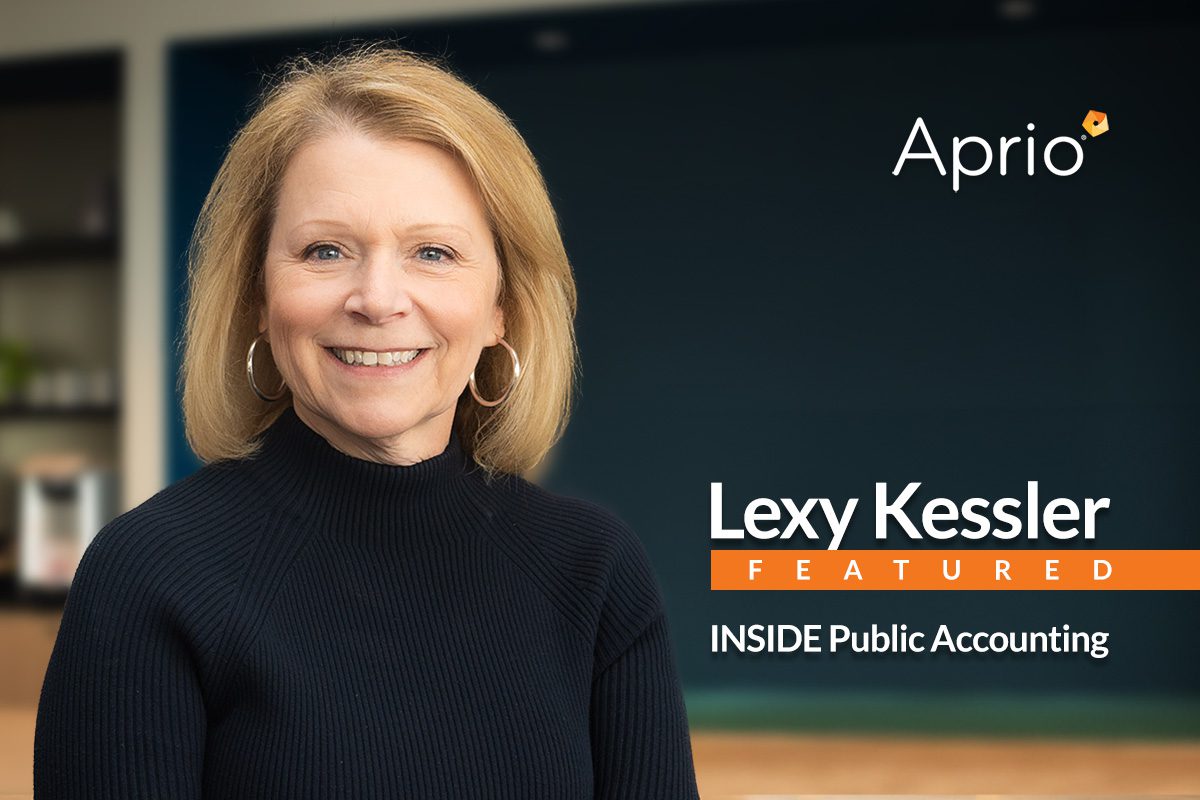 A woman with blonde hair and hoop earrings smiles at the camera; text reads Aprio, Lexy Kessler Featured, and INSIDE Public Accounting.