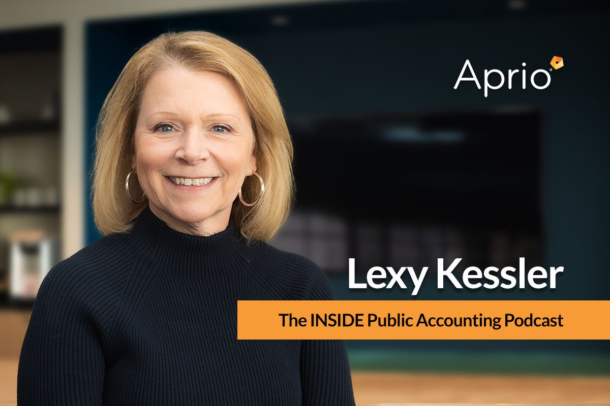 A woman with shoulder-length blonde hair smiles at the camera. Text reads Lexy Kessler, The INSIDE Public Accounting Podcast, Aprio on the image.