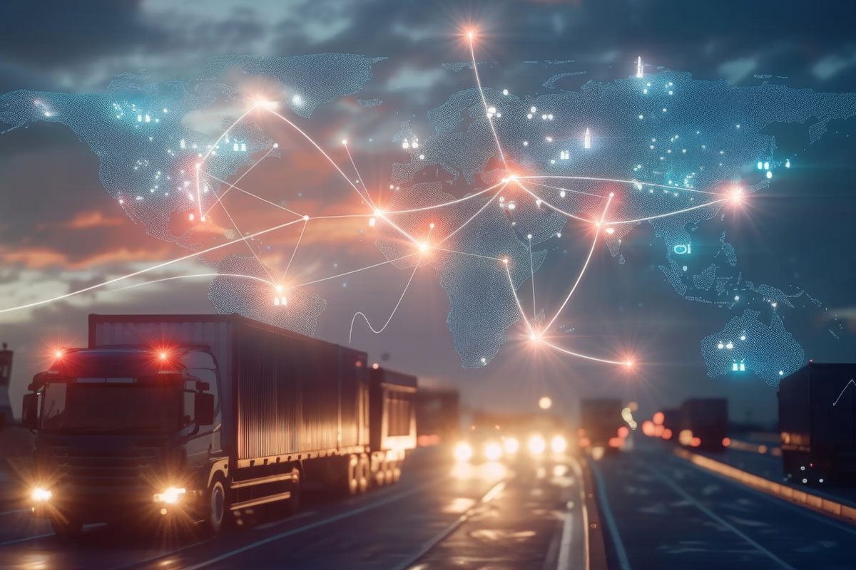 Trucks drive on a busy highway at dusk with a semi-transparent digital world map and network lines overlaying the scene, symbolizing global logistics and transportation.