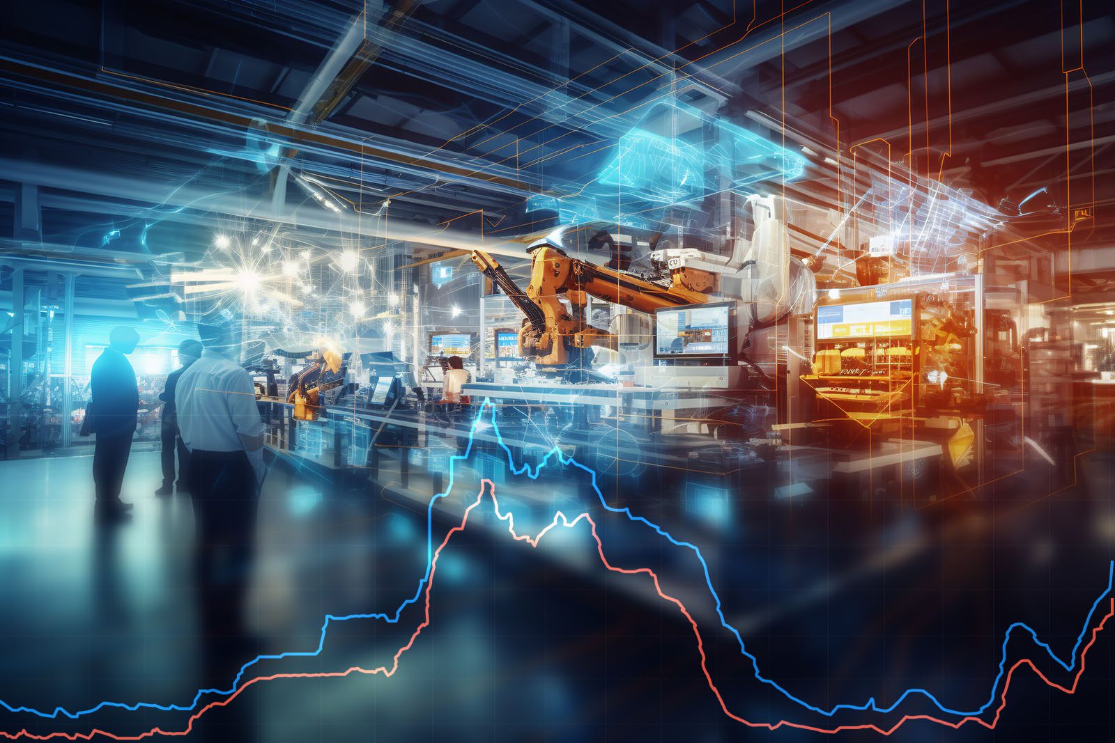 Modern factory with robotic arms and digital screens, overlaid with a financial graph showing market fluctuations. People observe the automated manufacturing process.