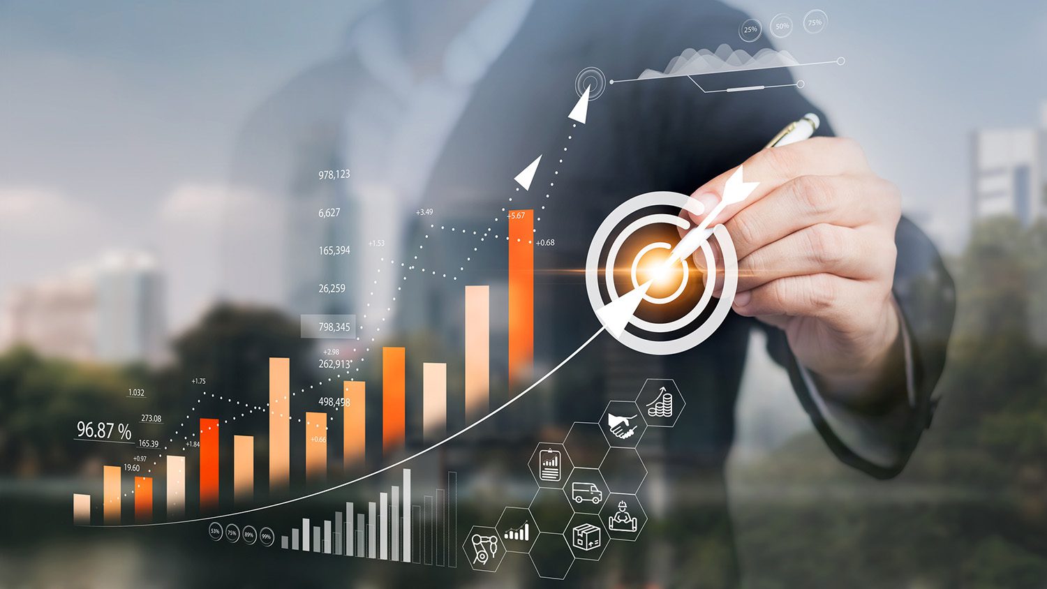 A person in business attire draws a rising bar graph and target symbol, representing growth, success, and achievement of goals, with various financial icons overlaid.