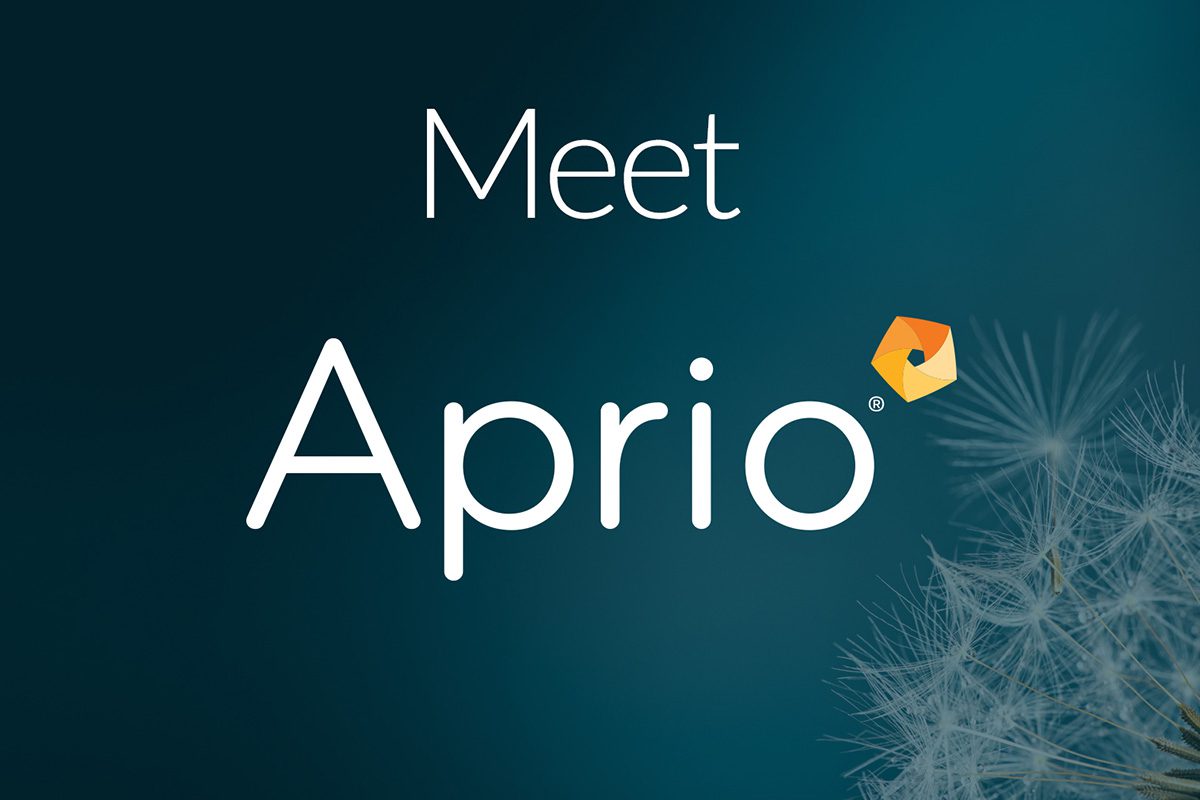 White text reading Meet Aprio on a blue background with a dandelion and a yellow geometric logo above the letter i.