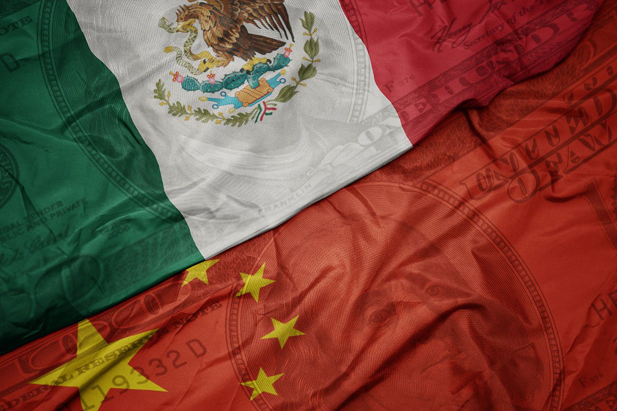Mexican and Chinese flags overlap with faint U.S. dollar bill graphics in the background, symbolizing international financial relations.