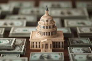 Miniature capitol building atop dollar bills