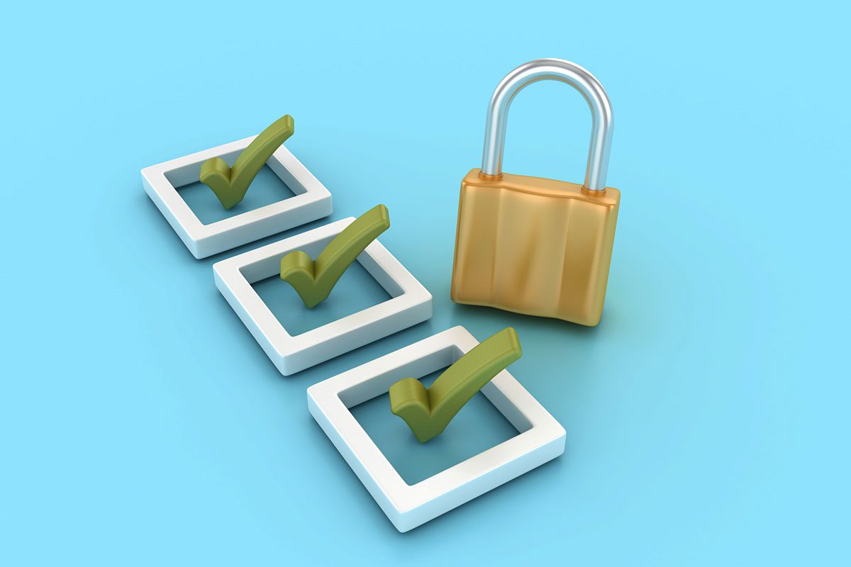 Three green check marks in white boxes are lined up next to a gold padlock on a blue background.