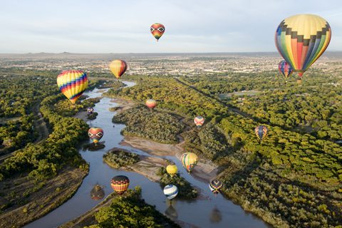 Several colorful hot air balloons float above a winding river surrounded by green trees, with a cityscape visible in the background under a clear sky.