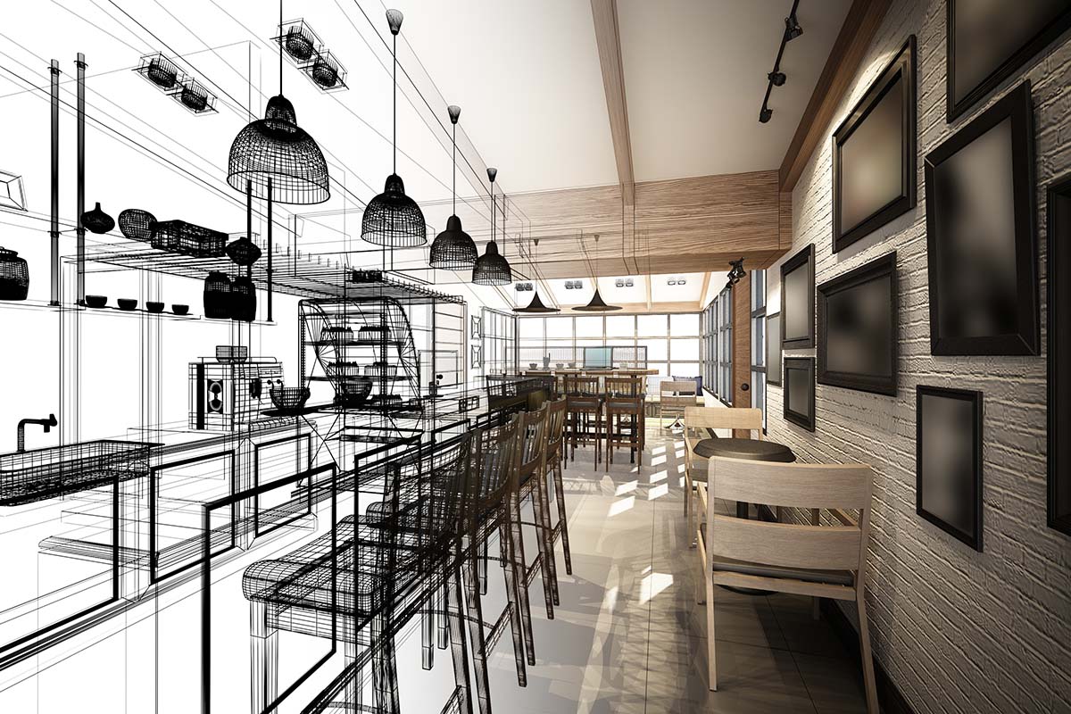 A restaurant interior blending a black-and-white wireframe design on the left with a fully rendered, modern dining space on the right.