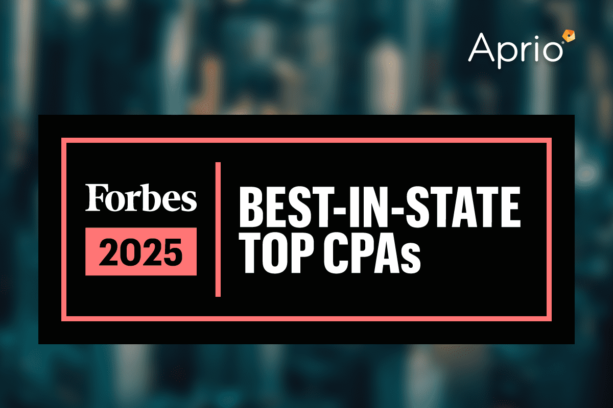 A graphic with Forbes 2025 Best-In-State Top CPAs in bold text and the Aprio logo on a blurred city background.