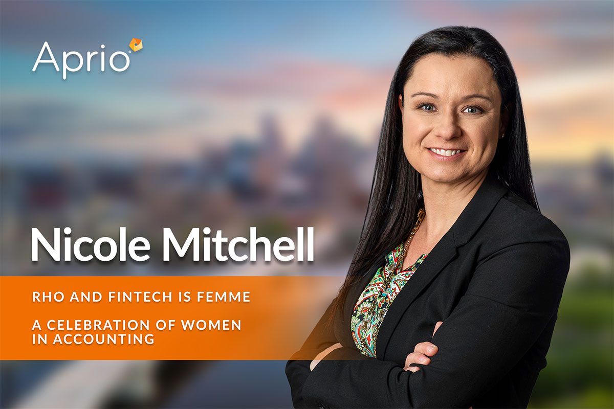 Professional woman in a blazer smiling with arms crossed; text reads Nicole Mitchell, RHO AND FINTECH IS FEMME, and A CELEBRATION OF WOMEN IN ACCOUNTING.