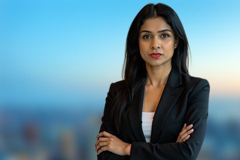 A woman in a black blazer with long dark hair stands with arms crossed, looking directly at the camera against a blurred cityscape background.