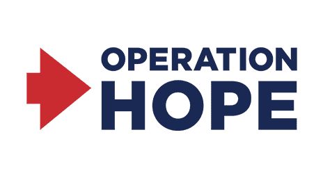 Logo with a red right-pointing arrow next to the words OPERATION HOPE in bold navy blue capital letters on a light background.