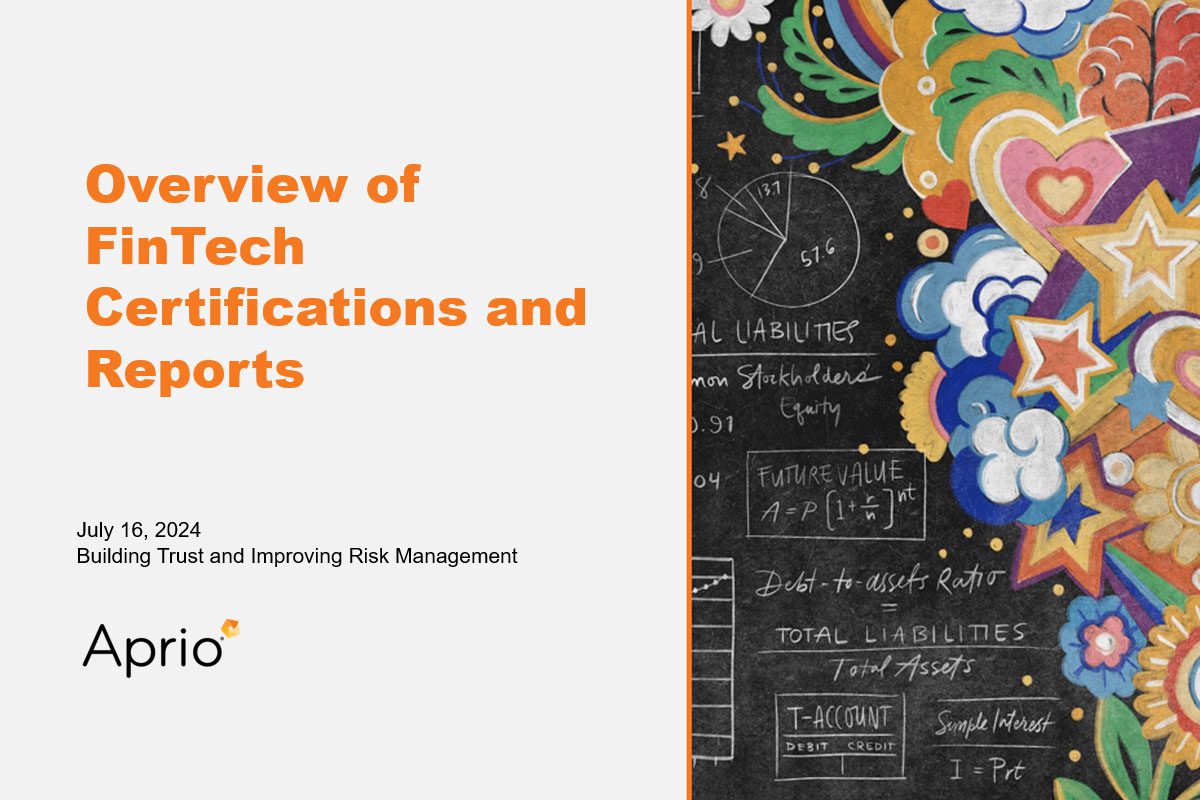 Slide with the title Overview of FinTech Certifications and Reports, the Aprio logo, and colorful abstract artwork with financial terms and charts on the right.