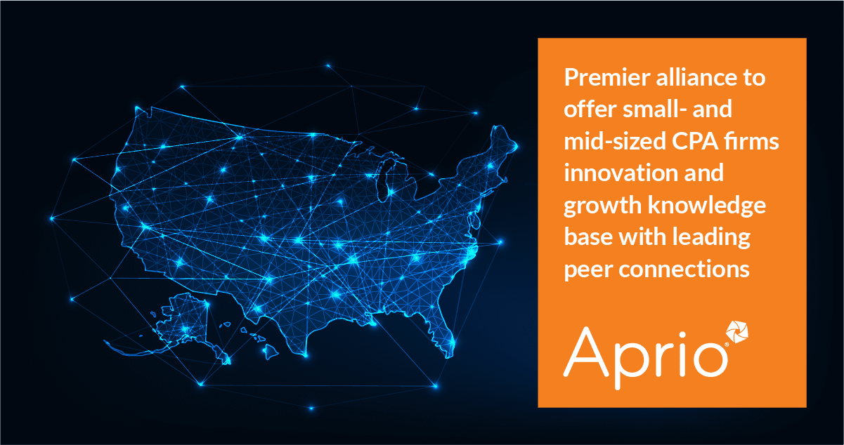 Digital map of the United States with connected nodes, next to a text box promoting Aprio as a premier alliance for small- and mid-sized CPA firms.