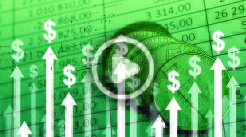 Green-tinted image showing dollar signs, upward arrows, coins, and a financial spreadsheet, symbolizing economic growth or rising financial figures.