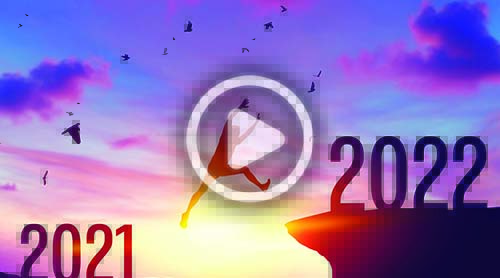 Silhouette of a person jumping from a cliff labeled 2021 to another labeled 2022, with a colorful sky and birds in the background.