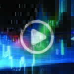 A digital play button icon overlaid on a background of financial charts and bar graphs, with blue and green tones.