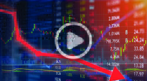 A red downward arrow on a digital stock market chart indicates a decline in financial data, with numbers and graphs in the background.