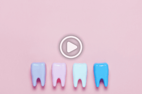 Four model teeth in gradient pastel colors are lined up on a pink background, with a play button icon above them.