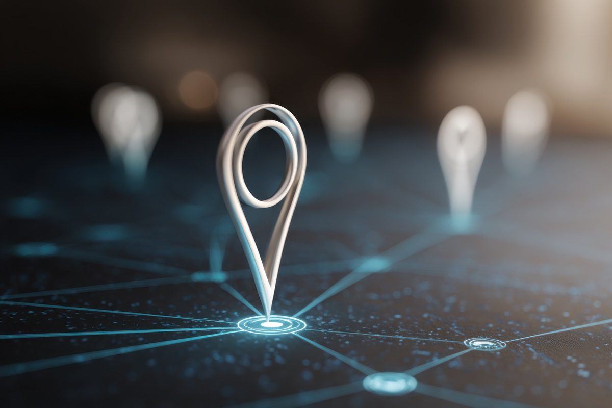 A digital map with white location pins interconnected by lines, symbolizing networked locations or geolocation technology.