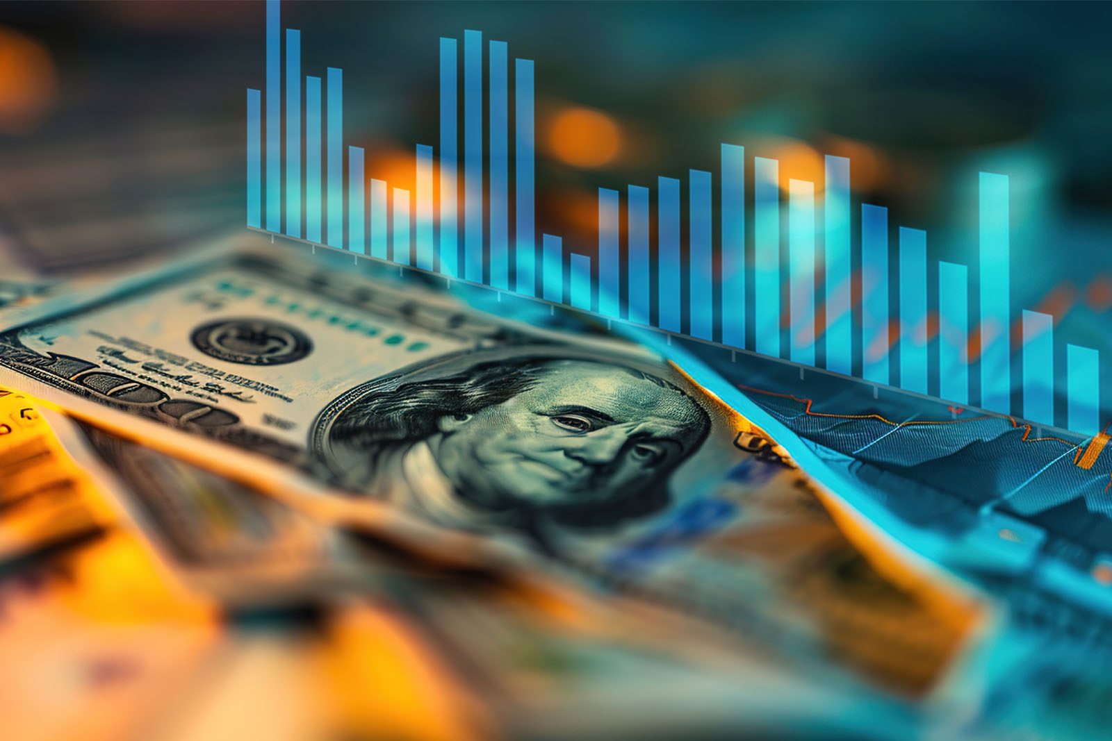 Close-up of US hundred-dollar bills with a blue financial bar and line graph overlay, representing economic or market analysis.