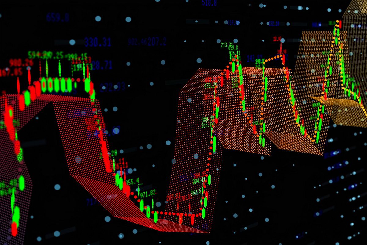 A digital stock market chart showing fluctuating candlestick graphs and technical indicators on a dark background.