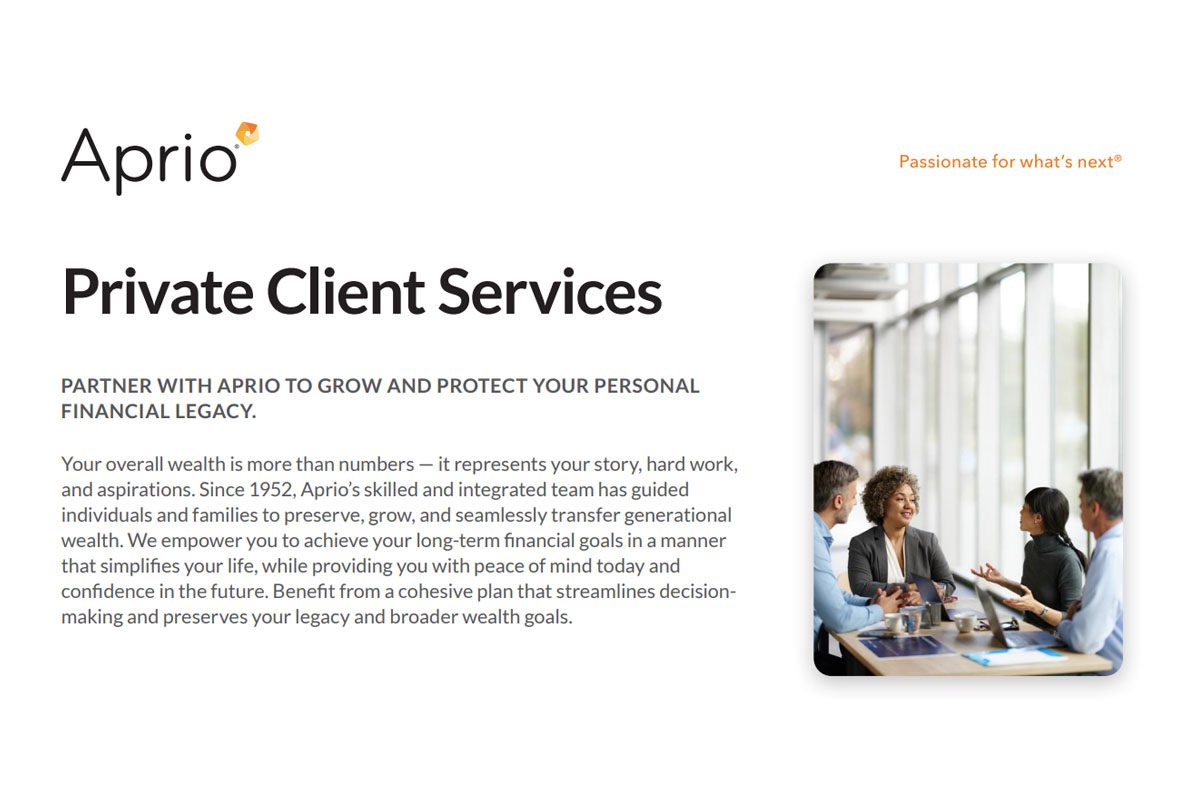 Aprio Private Client Services brochure with text describing financial legacy planning, and a photo of four professionals meeting at a table in a bright office.