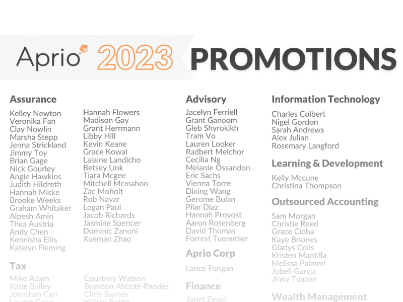 List of employee names beneath the headings Assurance, Advisory, Information Technology, Learning & Development, Outsourced Accounting, Aprio Corp, and Finance. Aprio 2023 PROMOTIONS is at the top.