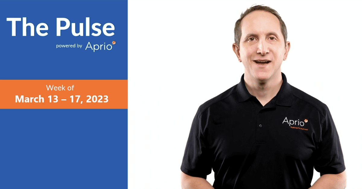 A man in a black Aprio polo shirt speaks, with a graphic on the left displaying The Pulse and the week of March 13–17, 2023.