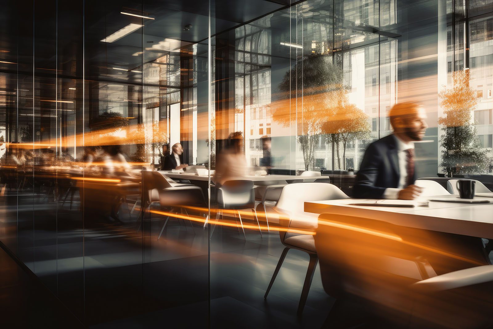 People sit at tables in a modern office cafeteria with large windows; motion blur suggests a busy, fast-paced environment.