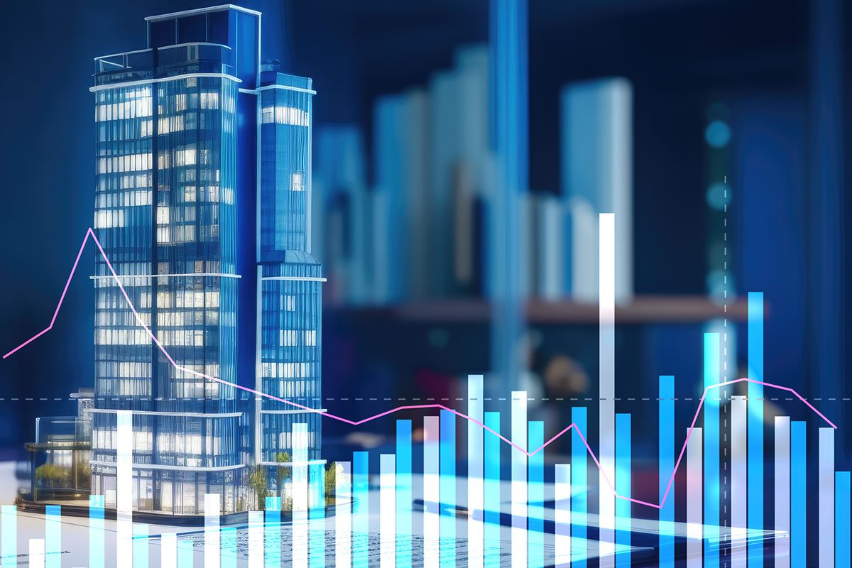 A modern high-rise building model is displayed with superimposed bar and line graphs representing financial or real estate data trends.